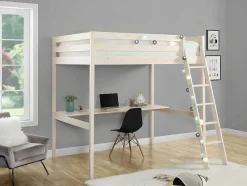 Cama Alta De 140 X 190 Cm Com Secretária Em Pinho Macico Esbranquicado + Colchão - Gedeon Ii