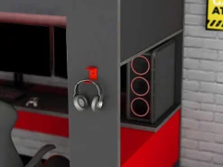 Cama Alta Gamer Com Secretária E Espacos De Arrumação Integrados De 90 X 200 Cm Com Leds Cor Antracite E Vermelho - Noah