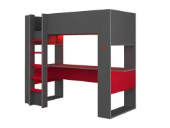 Cama Alta Gamer Com Secretária E Espacos De Arrumação Integrados De 90 X 200 Cm Com Leds Cor Antracite E Vermelho - Noah