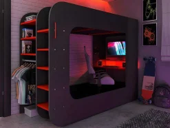 Cama Alta Gamer 90 X 200 Cm Com Secretária, Espacos De Arrumação E Leds Cor Antracite E Vermelho - Warrior