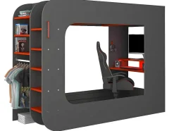 Cama Alta Gamer 90 X 200 Cm Com Secretária, Espacos De Arrumação E Leds Cor Antracite E Vermelho - Warrior