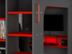 Cama Alta Gamer 90 X 200 Cm Com Secretária, Espacos De Arrumação E Leds Cor Antracite E Vermelho - Warrior