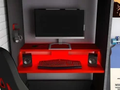 Cama Alta Gamer 90 X 200 Cm Com Secretária, Espacos De Arrumação E Leds Cor Antracite E Vermelho - Warrior
