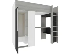 Cama Alta Ii 90 X 200 Cm Com Guarda-Roupa E Secretária Cor Antracite E Branco + Colchão - Nicolas