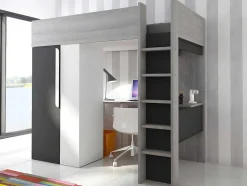 Cama Alta Ii 90 X 200 Cm Com Guarda-Roupa E Secretária Cor Antracite E Branco + Colchão - Nicolas
