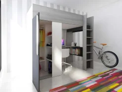 Cama Alta Ii 90 X 200 Cm Com Guarda-Roupa E Secretária Cor Antracite E Branco + Colchão - Nicolas