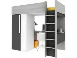 Cama Alta Ii 90 X 200 Cm Com Guarda-Roupa E Secretária Cor Antracite E Branco + Colchão - Nicolas