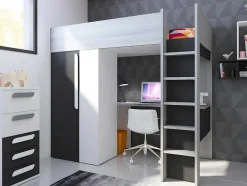 Cama Alta Ii 90 X 200 Cm Com Guarda-Roupa E Secretária Cor Antracite E Branco + Colchão - Nicolas