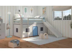 Cama Alta Infantil Com Escorrega E Escada Em Madeira De Pinho Decape Branco