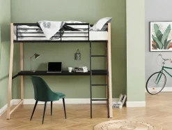 Cama Alta Malicia - 90 X 190 Cm - Secretária Integrada - Preto E Cor Carvalho