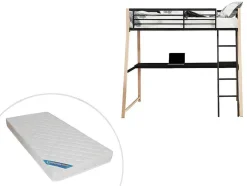 Cama Alta Malicia - 90 X 190 Cm - Secretária Integrada - Preto E Cor Carvalho + Colchão