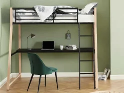 Cama Alta Malicia - 90 X 190 Cm - Secretária Integrada - Preto E Cor Carvalho + Colchão