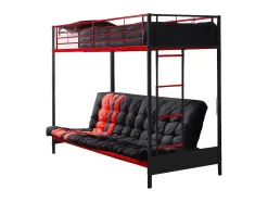 Cama Alta 90 X 190 Cm Com Banco Convertivel Em Metal Preto E Vermelho E Futon - Modulo V