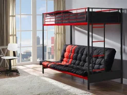 Cama Alta 90 X 190 Cm Com Banco Convertivel Em Metal Preto E Vermelho E Futon - Modulo V