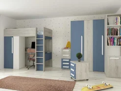 Cama Alta 90 X 200 Cm Com Guarda-Roupa E Secretária Azul E Branco - Nicolas