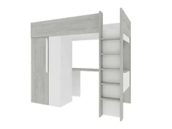 Cama Alta 90X200 Cm Com Roupeiro E Secretária Cinza Natural E Branco + Colchão - Nicolas