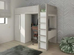 Cama Alta 90X200 Cm Com Roupeiro E Secretária Cinza Natural E Branco + Colchão - Nicolas