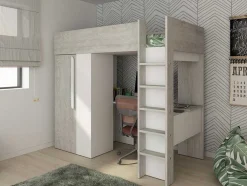 Cama Alta 90X200 Cm Com Roupeiro E Secretária Cinza Natural E Branco + Colchão - Nicolas