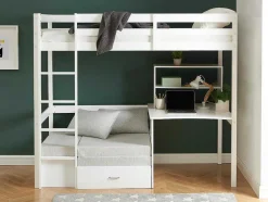 Cama Alta 90X200 Cm Com Secretária, Sofá Convertivel E Espacos De Arrumação Pinho Macico Esbranquicado + Colchão - Goliath Iii