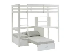 Cama Alta 90X200 Cm Com Secretária, Sofá Convertivel E Espacos De Arrumação Pinho Macico Esbranquicado + Colchão - Goliath Iii