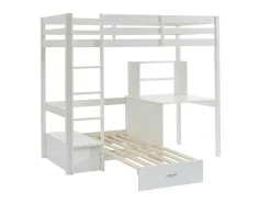 Cama Alta 90X200 Cm Com Secretária, Sofá Convertivel E Espacos De Arrumação Pinho Macico Esbranquicado + Colchão - Goliath Iii