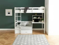 Cama Alta 90X200 Cm Com Secretária, Sofá Convertivel E Espacos De Arrumação Pinho Macico Esbranquicado + Colchão - Goliath Iii
