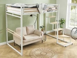 Cama Alta 140X200 Cm Metal E Mdf Branco + Colchão - Jogui