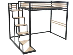 Cama Alta 140 X 200 Cm Metal E Mdf Preto E Carvalho + Colchão + Edredão + Almofadas - Jogui