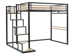 Cama Alta 140 X 200 Cm Metal E Mdf Preto E Carvalho + Colchão + Edredão + Almofadas - Jogui