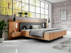 Cama Com Arrumação E Mesas De Cabeceira 160 X 200 Cm, 2 Gavetas, Com Leds, Natural E Antracite + Colchão - Francoli