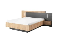 Cama Com Arrumação E Mesas De Cabeceira 160 X 200 Cm, 2 Gavetas, Com Leds, Natural E Antracite + Colchão - Francoli