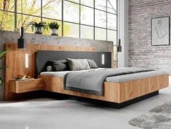 Cama Com Arrumação E Mesas De Cabeceira 160 X 200 Cm, 2 Gavetas, Com Leds, Natural E Antracite - Francoli