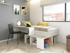 Cama Combinada 90X200 Cm Com Espacos De Arrumação E Secretária Cor Atural Cinza E Branco - Rigali