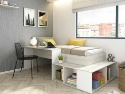 Cama Combinada 90X200 Cm Com Espacos De Arrumação E Secretária Cor Atural Cinza E Branco - Rigali