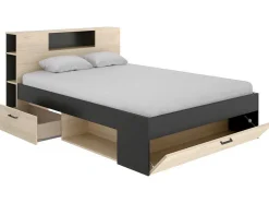 Cama Com Cabeceira De Arrumação E Gavetas Disponivel Em Natural E Antracite - 160X200Cm - Leandre