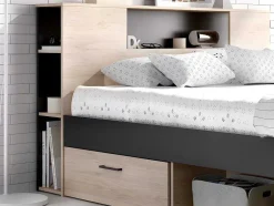 Cama Com Cabeceira De Arrumação E Gavetas Disponivel Em Natural E Antracite - 160X200Cm - Leandre