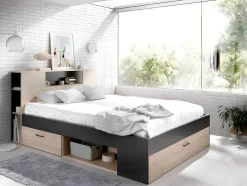 Cama Com Cabeceira De Arrumação E Gavetas Disponivel Em Natural E Antracite - 160X200Cm - Leandre