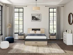 Cama Com Cabeceira De Arrumação E Gavetas Disponivel Em Natural E Antracite - 160X200Cm - Leandre