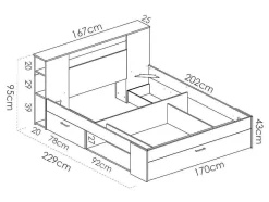 Cama Com Cabeceira De Arrumação E Gavetas Disponivel Em Natural E Antracite - 160X200Cm - Leandre