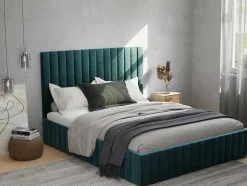Cama Com Espaco De Arrumação Com Cabeceira De Cama E Costuras Verticais 160 X 200 Cm Veludo Azul-Esverdeado - Larali