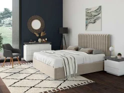 Cama Com Espaco De Arrumação E Cabeceira De Cama Com Costuras Verticais 180 X 200 Cm Tecido Bege - Sarah