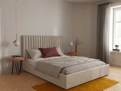 Cama Com Espaco De Arrumação E Cabeceira De Cama Com Costuras Verticais 180 X 200 Cm Tecido Bege - Sarah