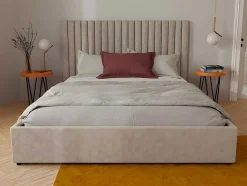 Cama Com Espaco De Arrumação E Cabeceira De Cama Com Costuras Verticais 180 X 200 Cm Tecido Bege - Sarah
