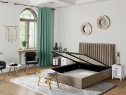 Cama Com Espaco De Arrumação E Cabeceira De Cama Com Costuras Verticais 180 X 200 Cm Tecido Bege - Sarah