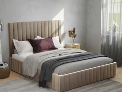 Cama Com Espaco De Arrumação E Cabeceira De Cama Com Costuras Verticais De 140 X 190 Cm Em Veludo Cor Taupe - Larali
