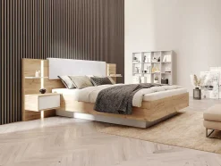 Cama Com Espaco De Arrumação E Mesas De Cabeceira 160X200 Cm, Com Leds, Cor Natural E Branco - Elynia