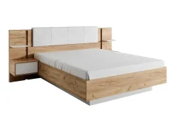 Cama Com Espaco De Arrumação E Mesas De Cabeceira 160X200 Cm, Com Leds, Cor Natural E Branco - Elynia