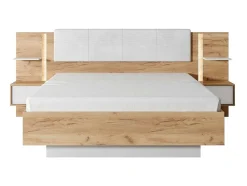 Cama Com Espaco De Arrumação E Mesas De Cabeceira 160X200 Cm, Com Leds, Cor Natural E Branco - Elynia