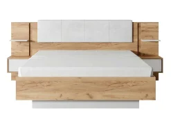 Cama Com Espaco De Arrumação E Mesas De Cabeceira 160X200 Cm, Com Leds, Cor Natural E Branco - Elynia