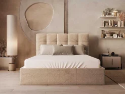 Cama Com Espaco De Arrumação 140X190 Cm Veludo Bege + Colchão - Mirdal De Pascal Morabito